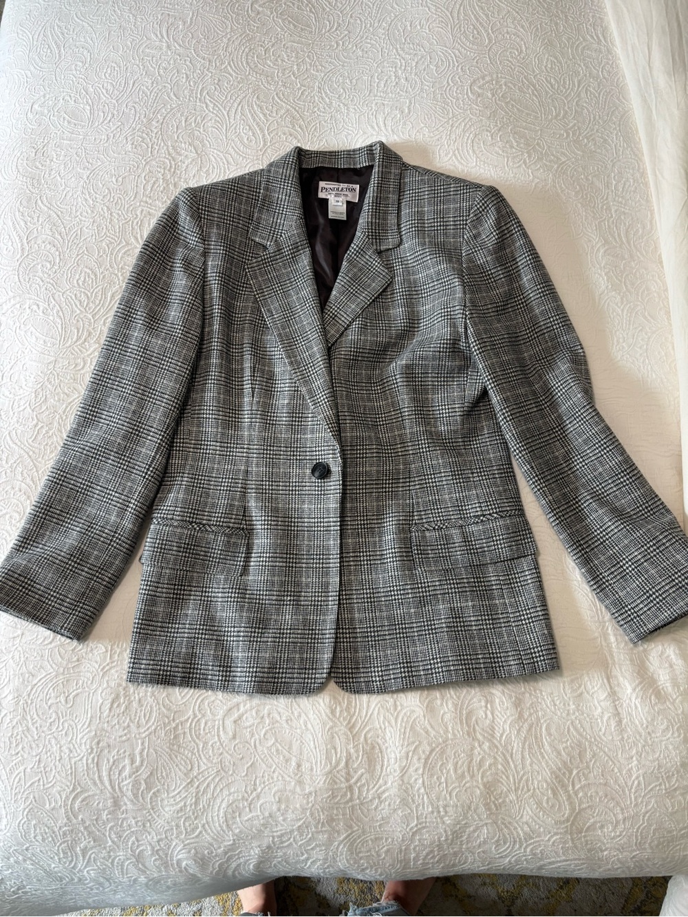 Vintage Pendleton Wool Glen Plaid Blazer Jacket Women's Petite 10 Grey Black